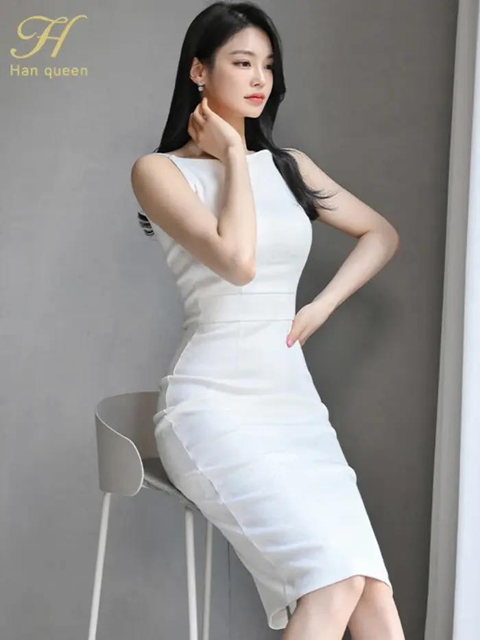 H Han Queen nouvelle femme vêtements mince blanc gaine crayon robe d'été bureau fête robes élégantes pour les femmes mode Vestido