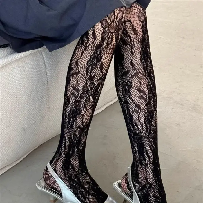 Collants noirs sexy en résille à motif floral