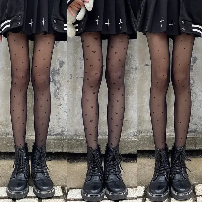 Collants en soie à pois sexy avec nœud/cœur, fins, pour femme, en nylon noir/blanc, pour boîte de nuit, bas de soirée féminins