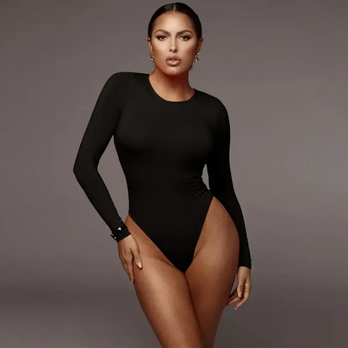O cou à manches longues solide blanc Sexy Body femmes noir automne hiver corps haut gris décontracté dame Streetwear