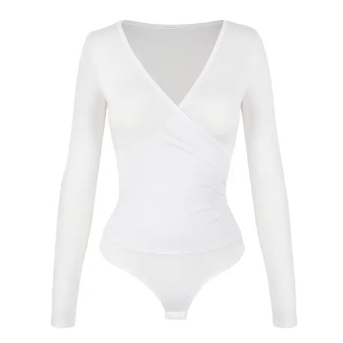 Vêtements modelants à manches longues pour femmes, Sexy, décolleté en V profond, côtelé, serré crois