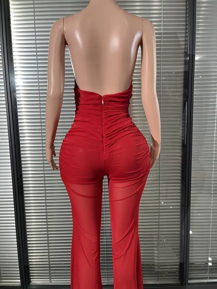 Couleur rouge femmes Sexy licou hors de l'épaule froncé maille moulante combinaison célébrer mode discothèque fête fêtes d'anniversaire