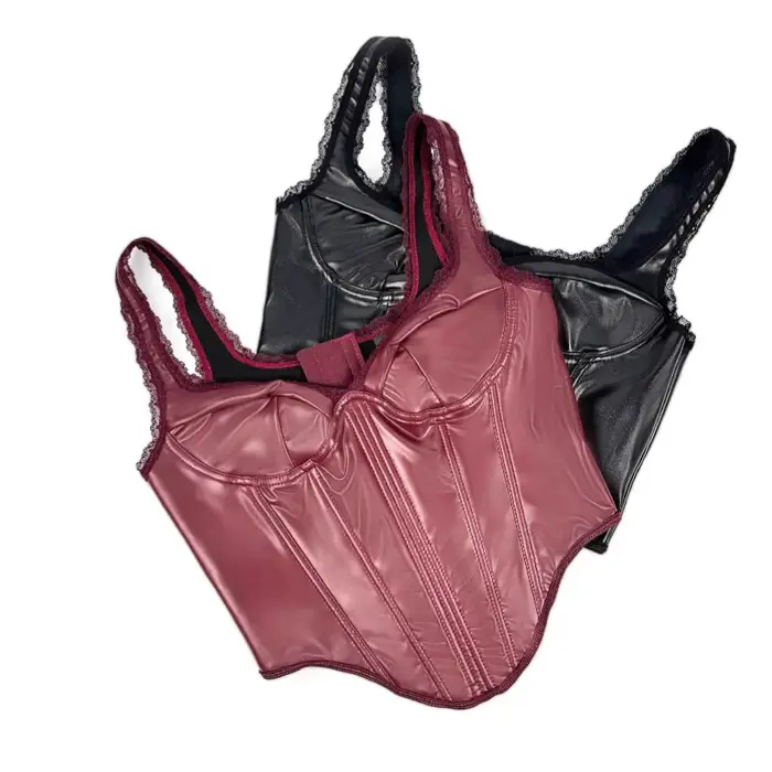 Rouge noir couleurs Pu cuir dentelle bord bandoulière haut pour femme gaine amincissante coupe ajustée arête de poisson hauts de soutien-gorge
