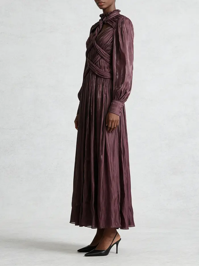 VGH Design Sense Folds Robes amincissantes ajourées pour femmes, col rond, manches longues, taille h