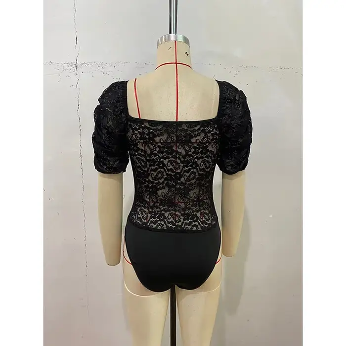 Benuynffy – Nouveau body sexy noir élégant à col en V et manches bouffantes en dentelle pour femme,