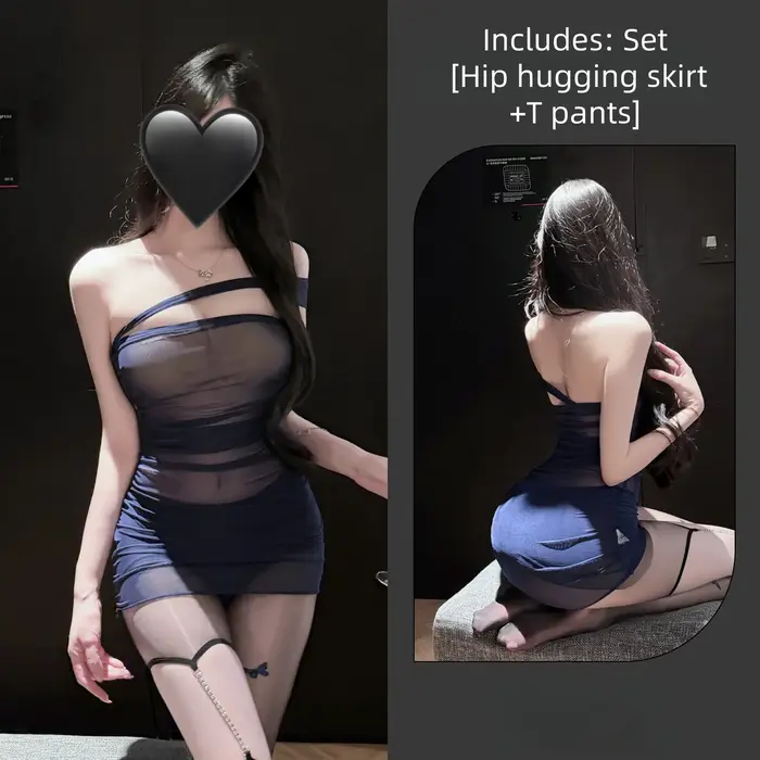 Jupe moulante dos nu, style cache-cœur, en maille transparente, avec décolleté plongeant et épaules 