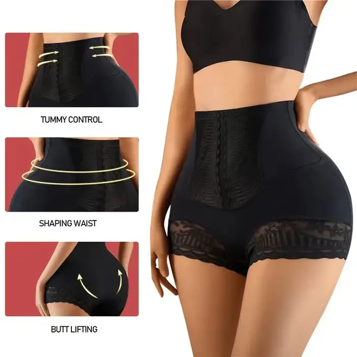 Femmes sans couture taille haute ventre contrôle Shorts culottes avec dentelle garniture