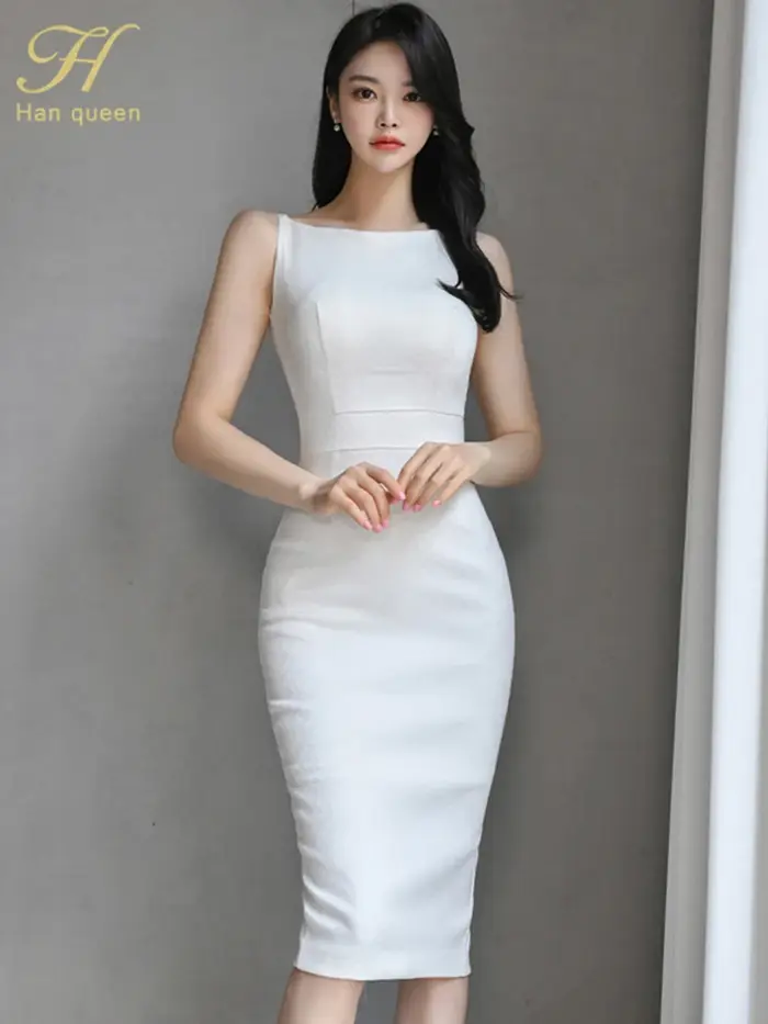 H Han Queen nouvelle femme vêtements mince blanc gaine crayon robe d'été bureau fête robes élégantes pour les femmes mode Vestido