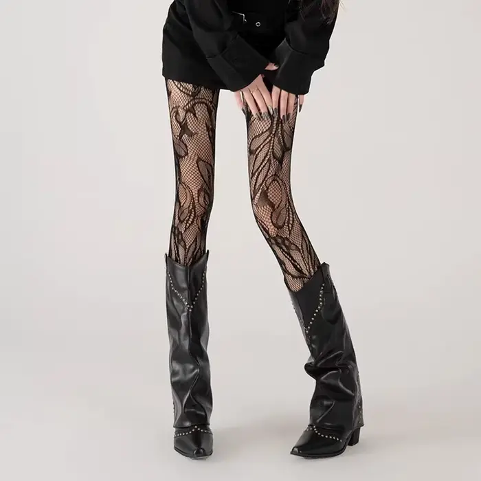Collants Résille Vintage Français en Dentelle Florale Transparente