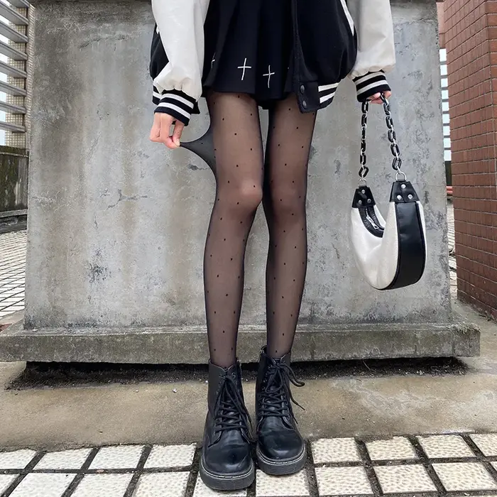 Collants en soie à pois sexy avec nœud/cœur, fins, pour femme, en nylon noir/blanc, pour boîte de nuit, bas de soirée féminins