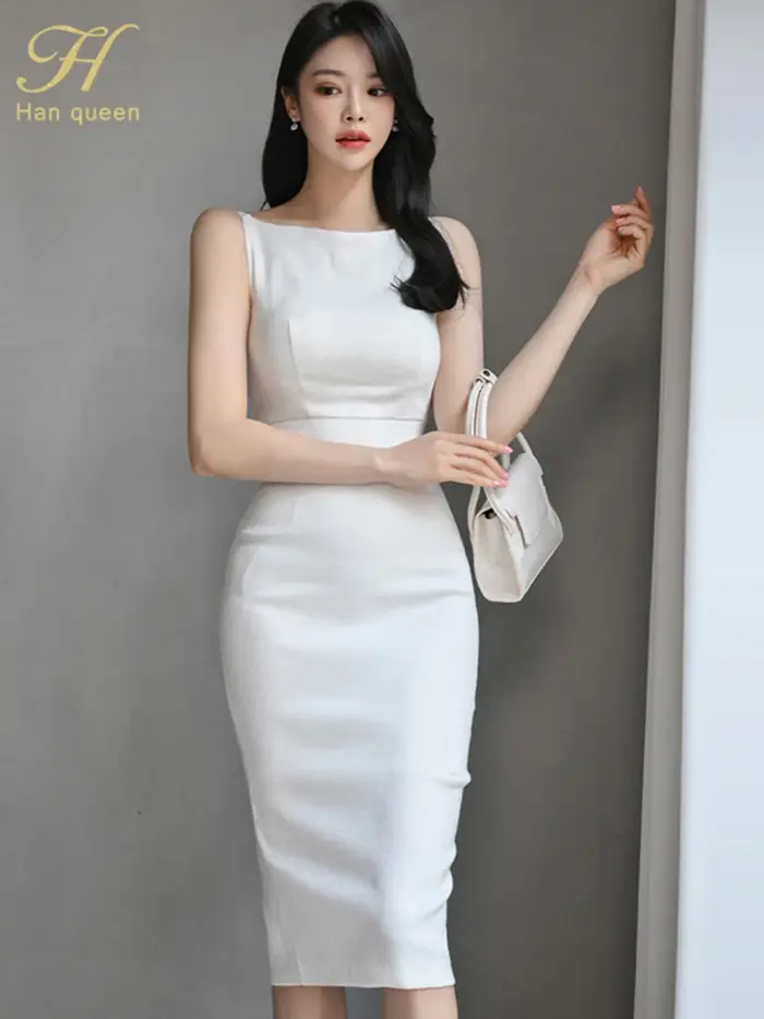 H Han Queen nouvelle femme vêtements mince blanc gaine crayon robe d'été bureau fête robes élégantes pour les femmes mode Vestido