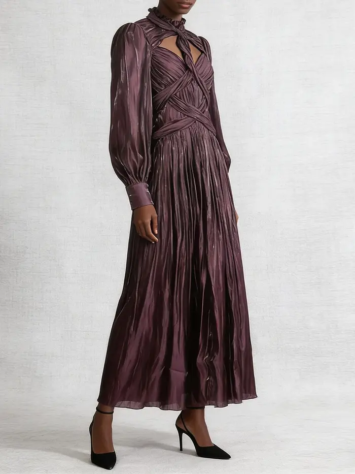 VGH Design Sense Folds Robes amincissantes ajourées pour femmes, col rond, manches longues, taille h