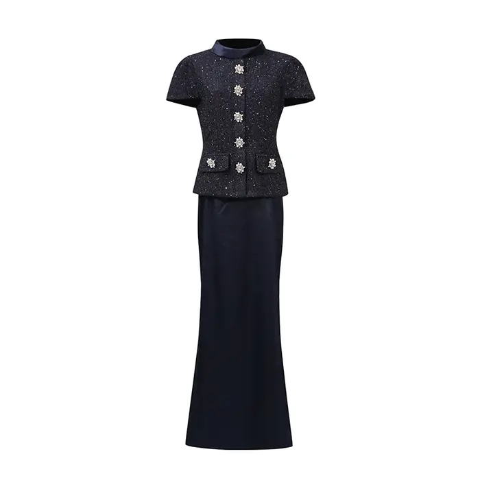 KBQ minceur deux pièces ensemble pour femmes col montant manches courtes épissé simple boutonnage haut taille haute jupe