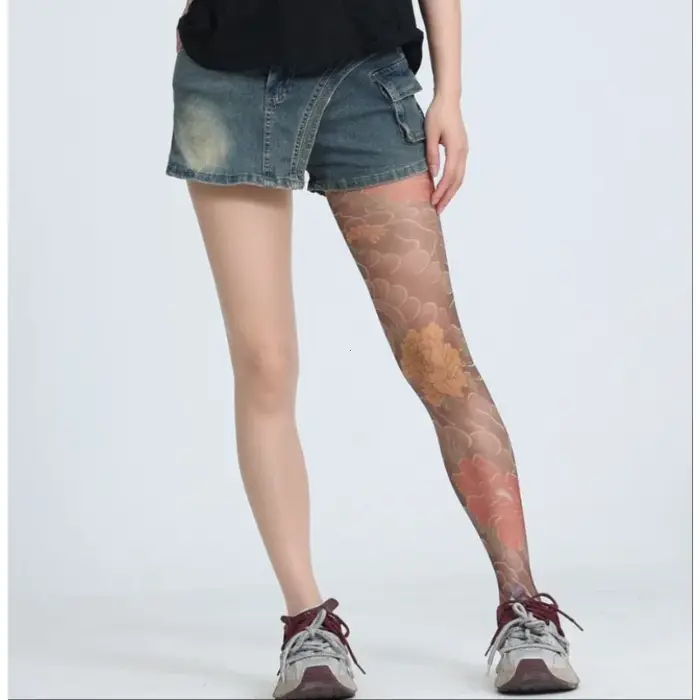 Collants imprimés Sexy pour femmes faux tatouage pivoine