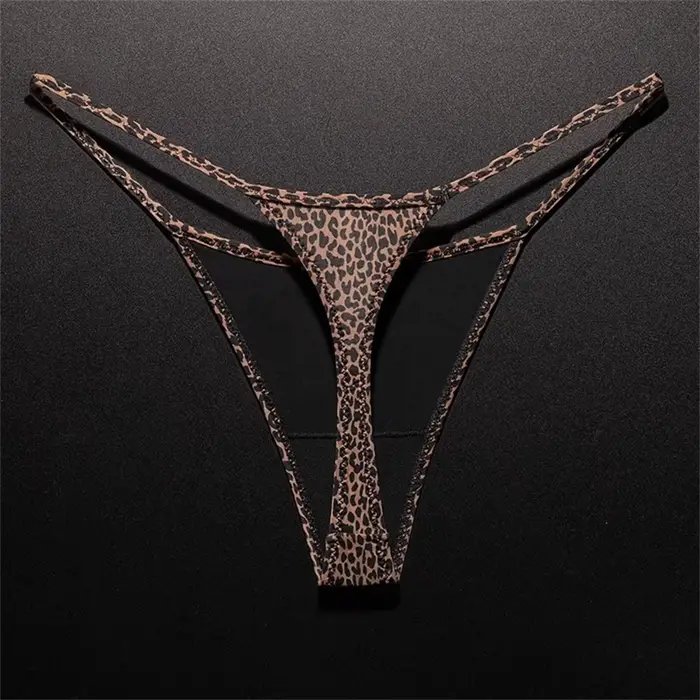 String imprimé léopard pour femmes, fente haute, sous-vêtements Sexy en soie glacée, sans couture, u