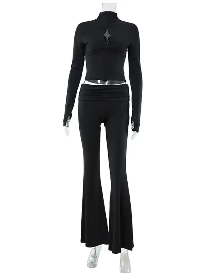 Gaine décontractée femmes costume mode Sexy col roulé à manches longues évider 2 pièces (hauts + pantalon Long) ensembles assortis femme survêtement