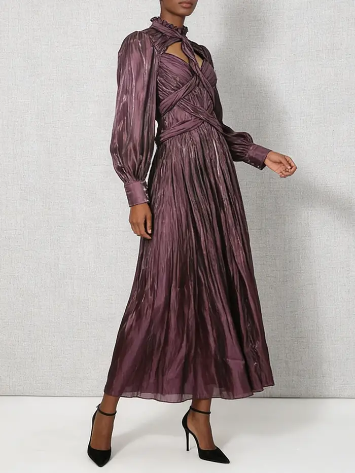 VGH Design Sense Folds Robes amincissantes ajourées pour femmes, col rond, manches longues, taille h