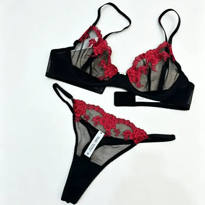 Ensemble soutien-gorge et culotte en dentelle ultra fine brodée pour femmes