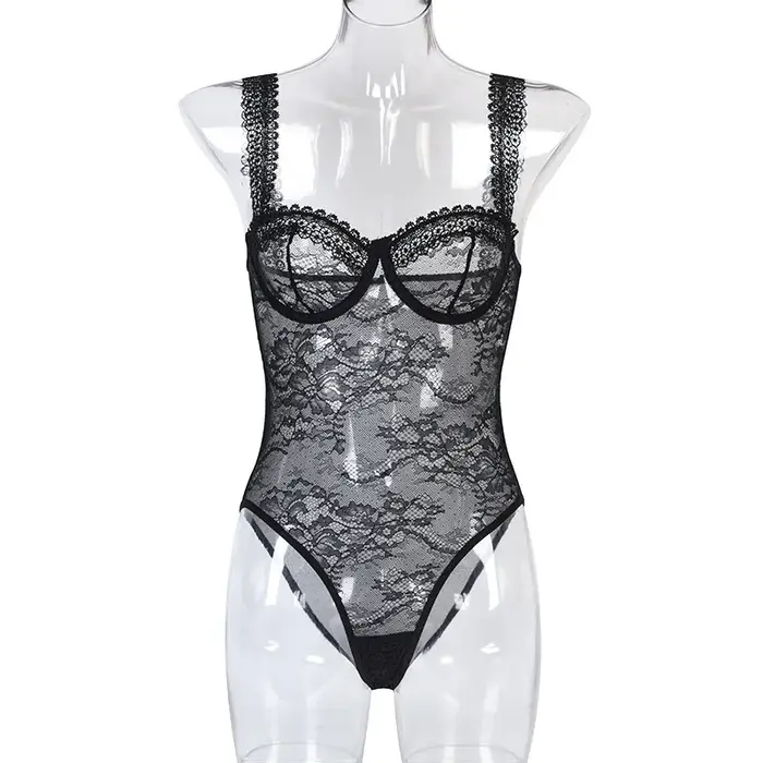 Body en dentelle transparente femmes broderie florale Transparent Teddy Lingerie une pièce corps