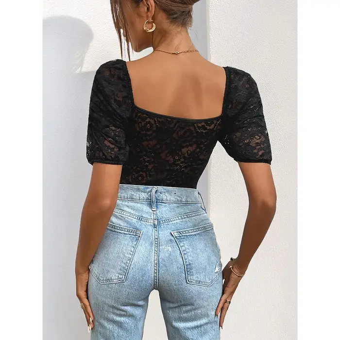 Benuynffy – Nouveau body sexy noir élégant à col en V et manches bouffantes en dentelle pour femme,