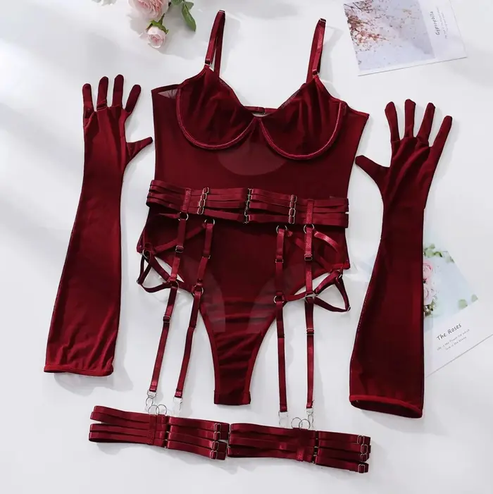 Ellolace Body moulant en dentelle Sexy transparent corps érotique avec gants jarretière tenue de boîte de nuit Sissy haut en maille sans entrejambe