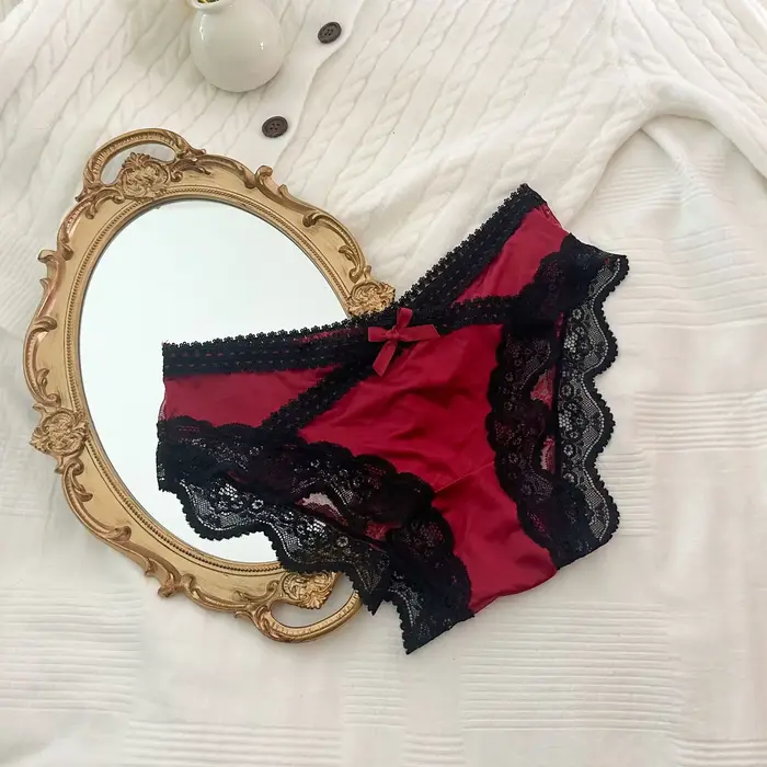 Slip en dentelle à panneaux en Satin, sous-vêtements Sexy pour femmes, culotte taille basse, slip do