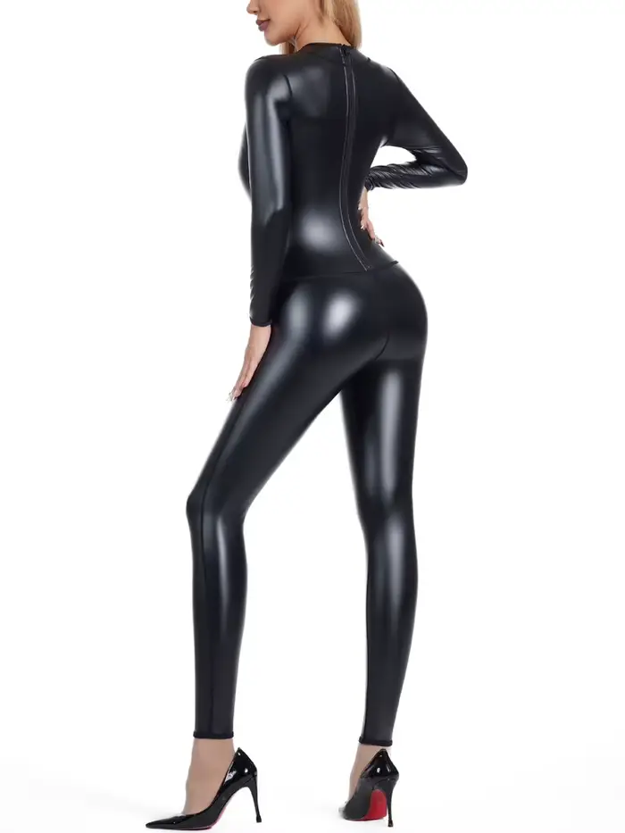 Femmes corps Shaper sans couture haute élastique Body femme PU dos fermeture éclair Catsuit Costume discothèque danse cuir combinaison Shapewear