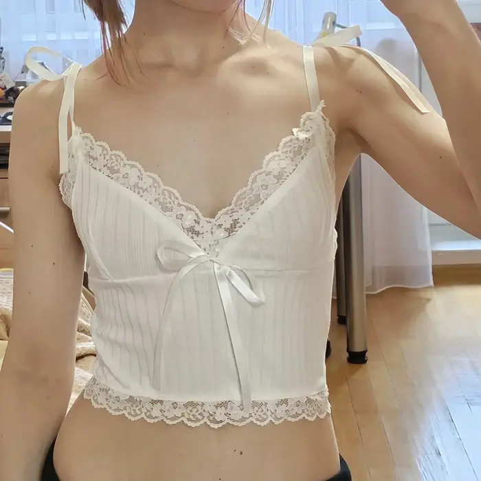 Haut court en dentelle pour femmes, imprimé, nœud blanc, mignon, doux, Mini gilet tricoté, basique,