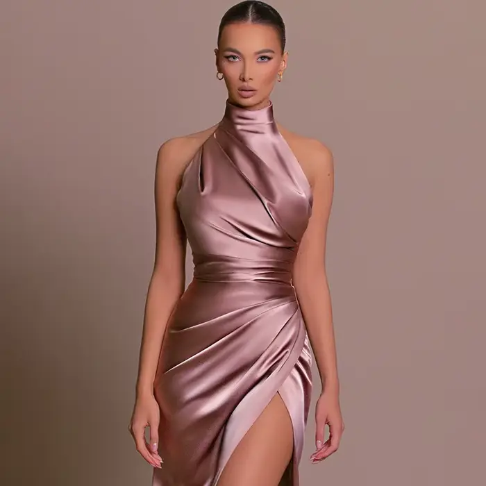 Robes longues élégantes pour femmes, robes de soirée pour femmes, col montant, col frontal, fente co