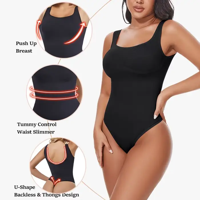 Body pour femmes contrôle du ventre Shapewear sans manches col carré dos nu débardeur décontracté string
