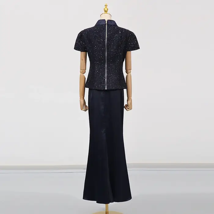 KBQ minceur deux pièces ensemble pour femmes col montant manches courtes épissé simple boutonnage haut taille haute jupe