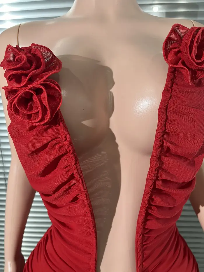 Couleur rouge femmes Sexy licou hors de l'épaule froncé maille moulante combinaison célébrer mode discothèque fête fêtes d'anniversaire