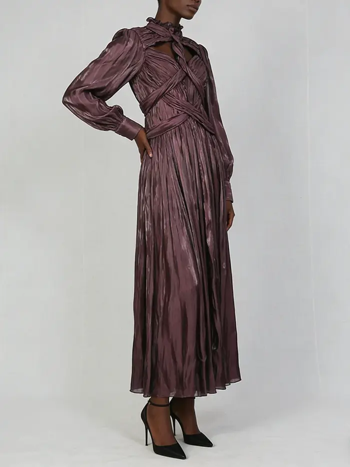 VGH Design Sense Folds Robes amincissantes ajourées pour femmes, col rond, manches longues, taille h