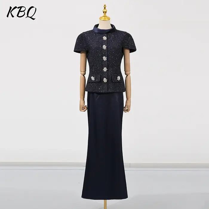 KBQ minceur deux pièces ensemble pour femmes col montant manches courtes épissé simple boutonnage haut taille haute jupe