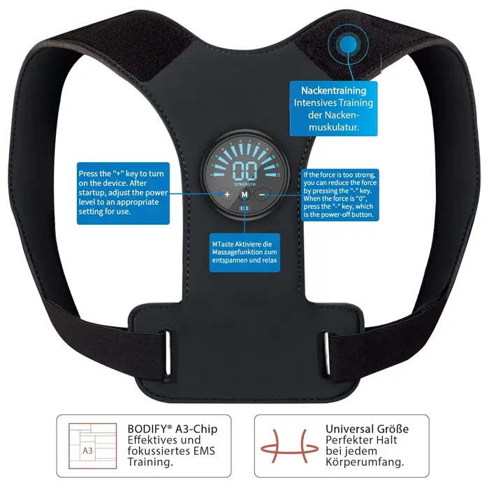 Ceinture Correctrice de Posture avec Stimulateur Musculaire EMS et Masseur Dorsal - Soulagement Ajustable de la Douleur à l'Épaule pour le Bureau et la Maison