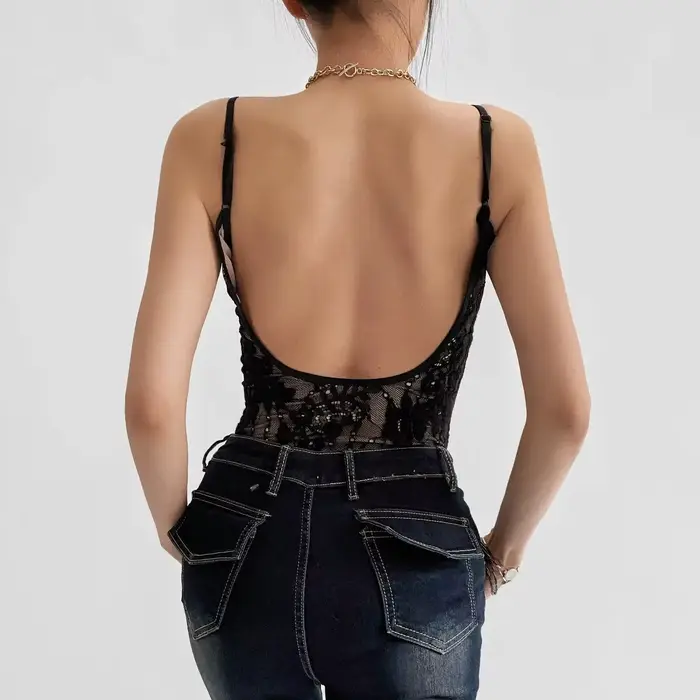 Combinaison Courte Femme Sexy Transparente en Dentelle avec Doublure