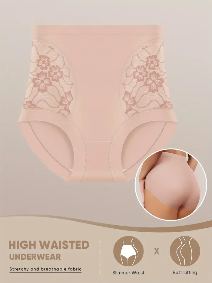 Culotte façonnante taille haute pour femmes, avec motif en dentelle florale, respirante, contrôle du