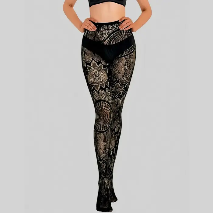 Collants noirs sexy en jacquard résille à trous pour femmes