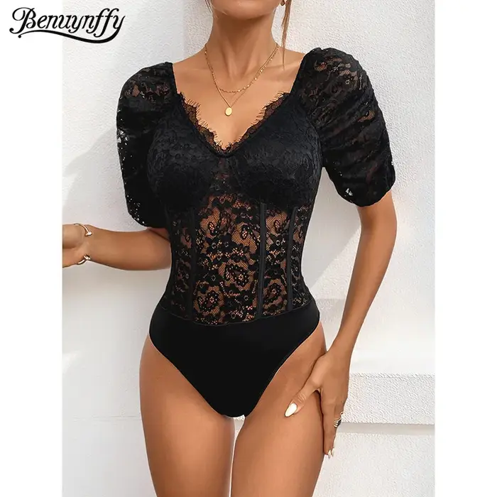Benuynffy – Nouveau body sexy noir élégant à col en V et manches bouffantes en dentelle pour femme, 