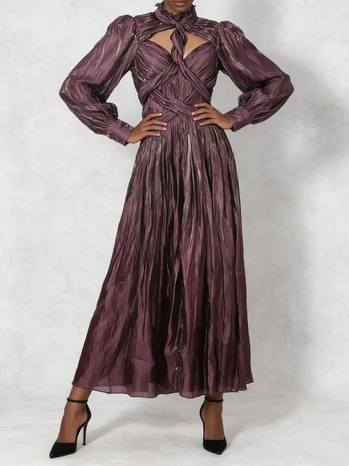 VGH Design Sense Folds Robes amincissantes ajourées pour femmes, col rond, manches longues, taille h