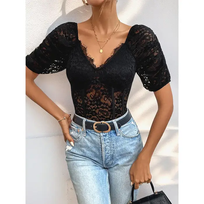 Benuynffy – Nouveau body sexy noir élégant à col en V et manches bouffantes en dentelle pour femme,