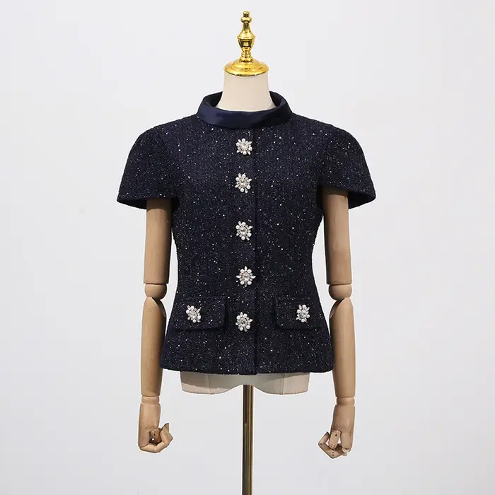 KBQ minceur deux pièces ensemble pour femmes col montant manches courtes épissé simple boutonnage haut taille haute jupe