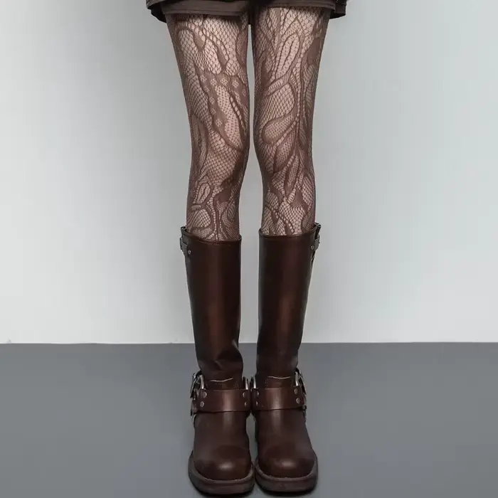 Collants Résille Vintage Français en Dentelle Florale Transparente