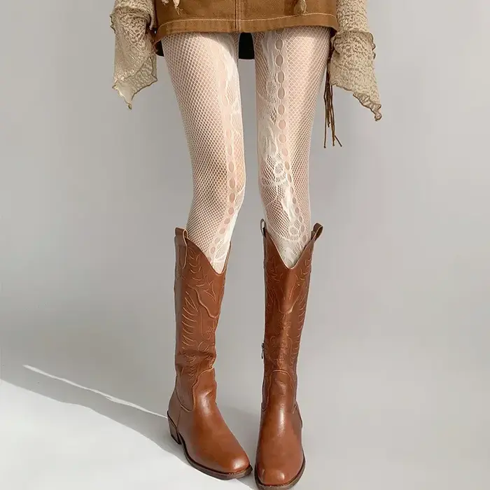 Collants français romantiques en maille creuse pour femmes