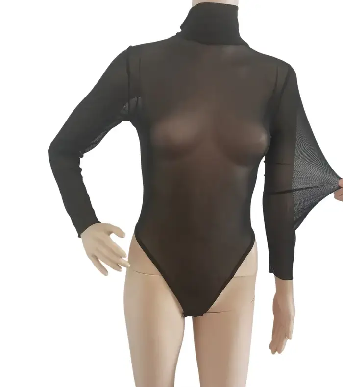 Body noir à manches longues et col haut pour femme