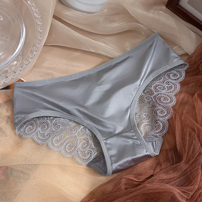 Culotte femme jaune sous-vêtements en Satin de soie dentelle Lingerie Sexy respirant taille moyenne slip