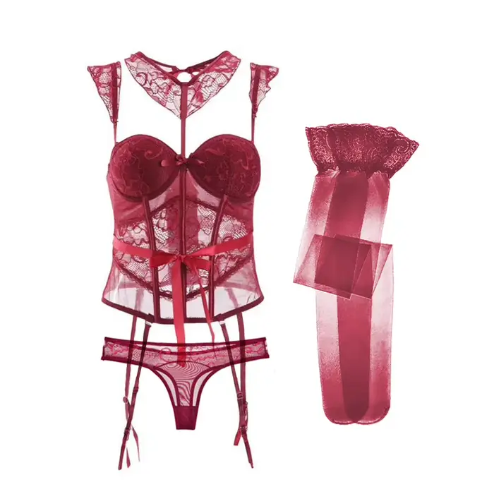 Varsbaby Sexy dentelle Corset corps Shapewear ensemble femmes Bustier avec bretelles bas tour de cou 4 pièces