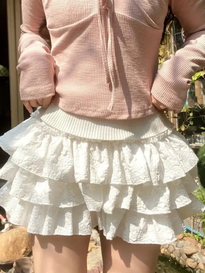 Femmes Kawaii Lolita Shorts jupe 2024 été volants couches Patchwork taille haute Mini jupes fille do