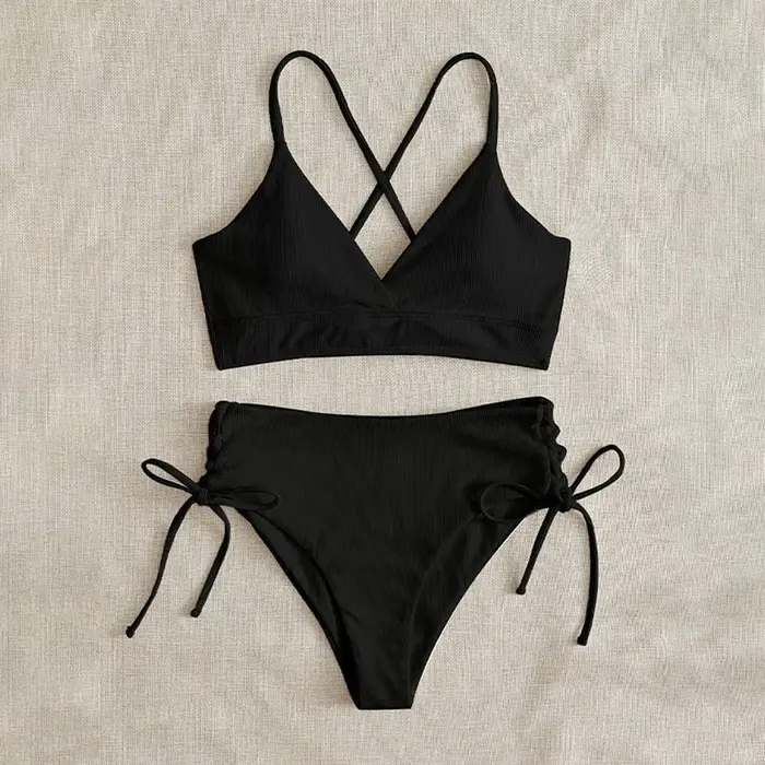 Ensemble Bikini taille haute pour femmes, maillot de bain deux pièces, contrôle du ventre, col en V,