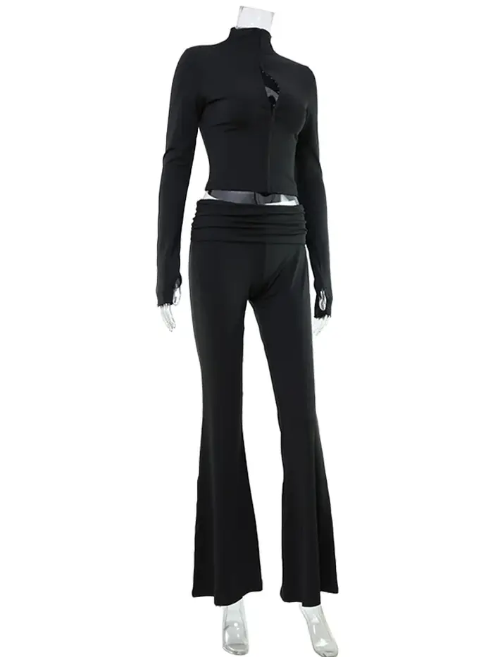 Gaine décontractée femmes costume mode Sexy col roulé à manches longues évider 2 pièces (hauts + pantalon Long) ensembles assortis femme survêtement